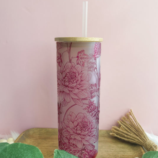 Red Floral Tall Glass Can