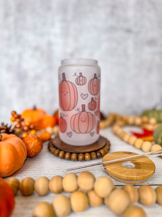 Pumpkins and Hearts Glass Can