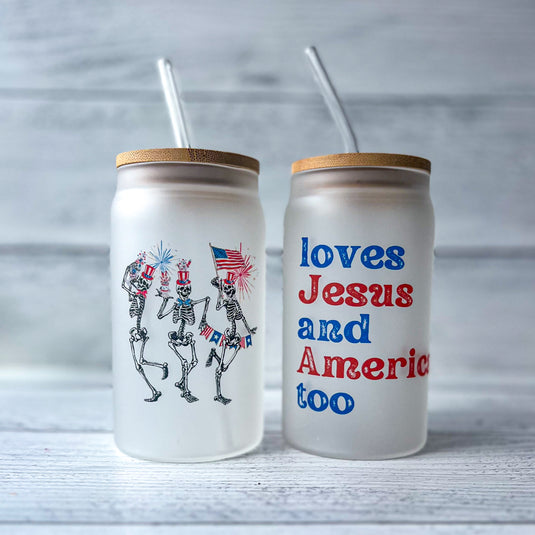 Patriotic Skeleton Frosted Glass Can