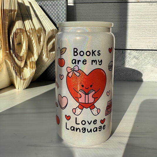 Books are My Love Language Glittery White Glass Can