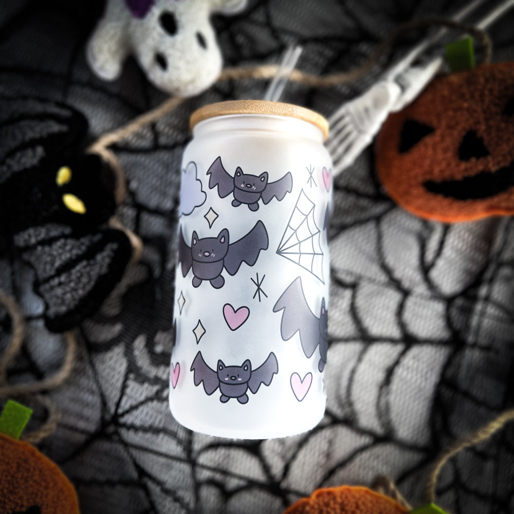 Bats and Spiderweb Glass Can – Cups 4 Cuties