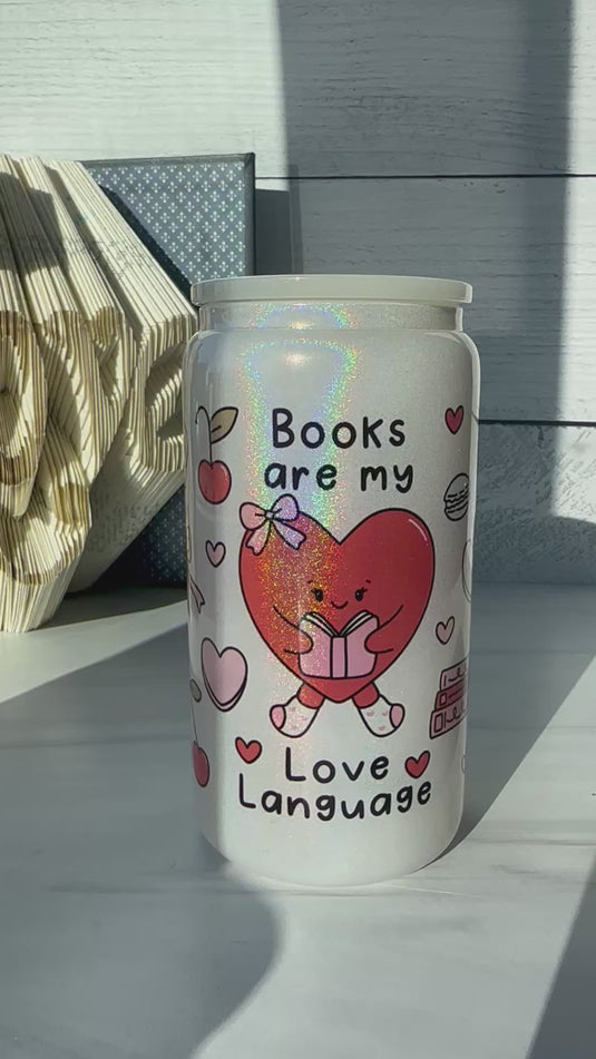 Books are My Love Language Glittery White Glass Can