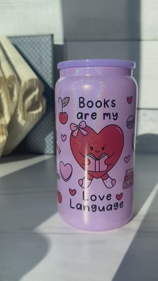 Books are My Love Language Purple Glittery Glass Can